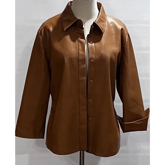 ELIE TAHARI Women's Vegan Leather Brown Caramel Button Down Shirt Jacket Lg New - Picture 2 of 16